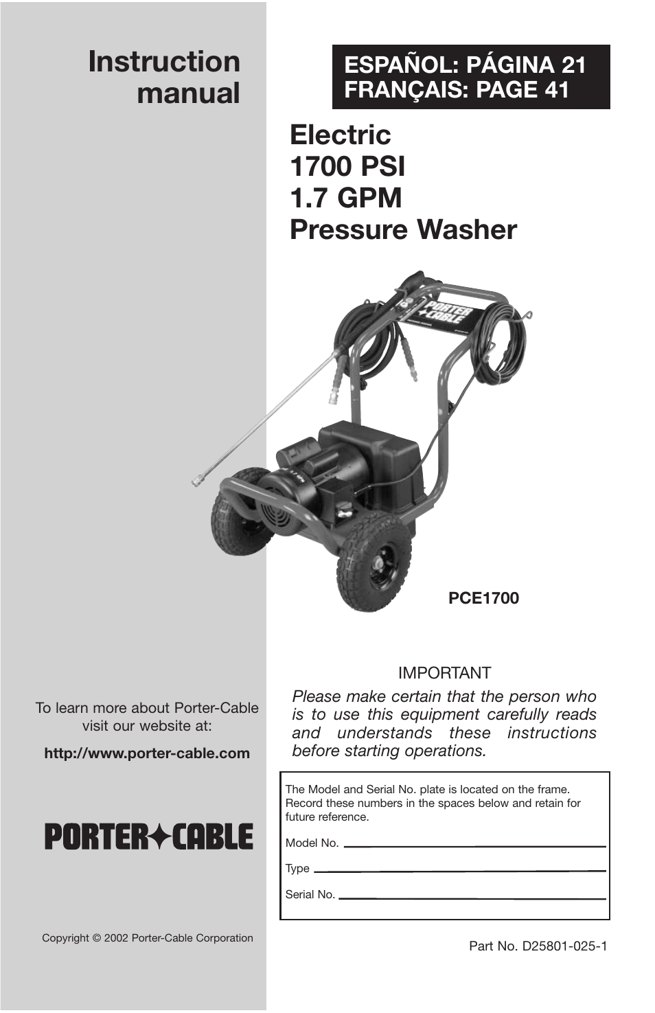 Porter-Cable PCE1700 User Manual | 20 pages