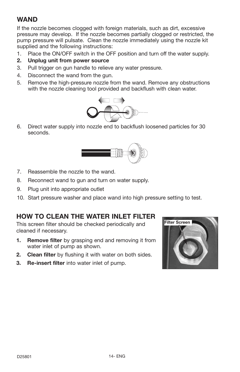 How to clean the water inlet filter, Wand | Porter-Cable PCE1700 User Manual | Page 14 / 20