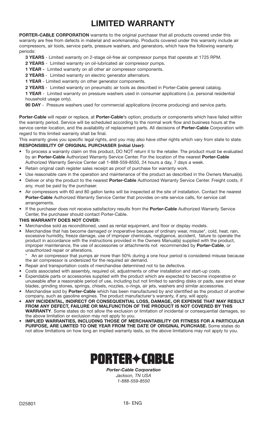 Limited warranty | Porter-Cable PCE1700 User Manual | Page 18 / 20