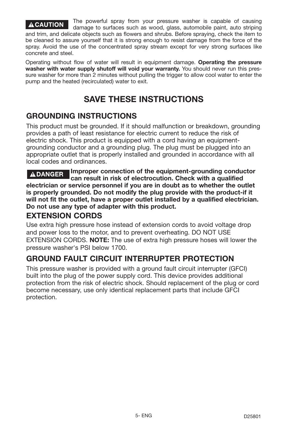 Save these instructions, Grounding instructions, Extension cords | Ground fault circuit interrupter protection | Porter-Cable PCE1700 User Manual | Page 5 / 20