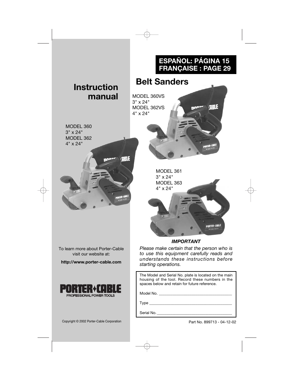 Porter-Cable 360 User Manual | 15 pages