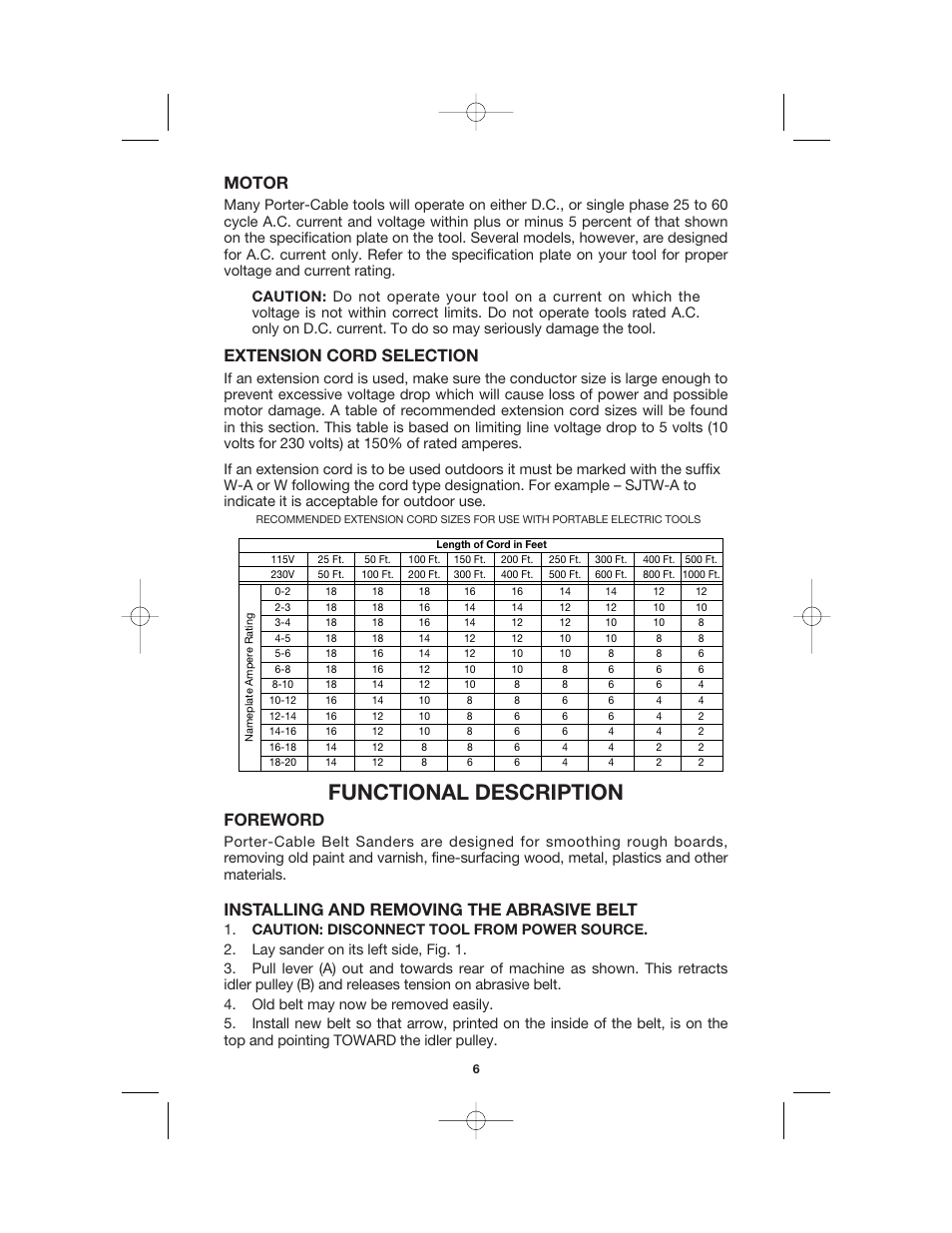 Functional description, Motor, Extension cord selection | Foreword, Installing and removing the abrasive belt | Porter-Cable 360 User Manual | Page 6 / 15