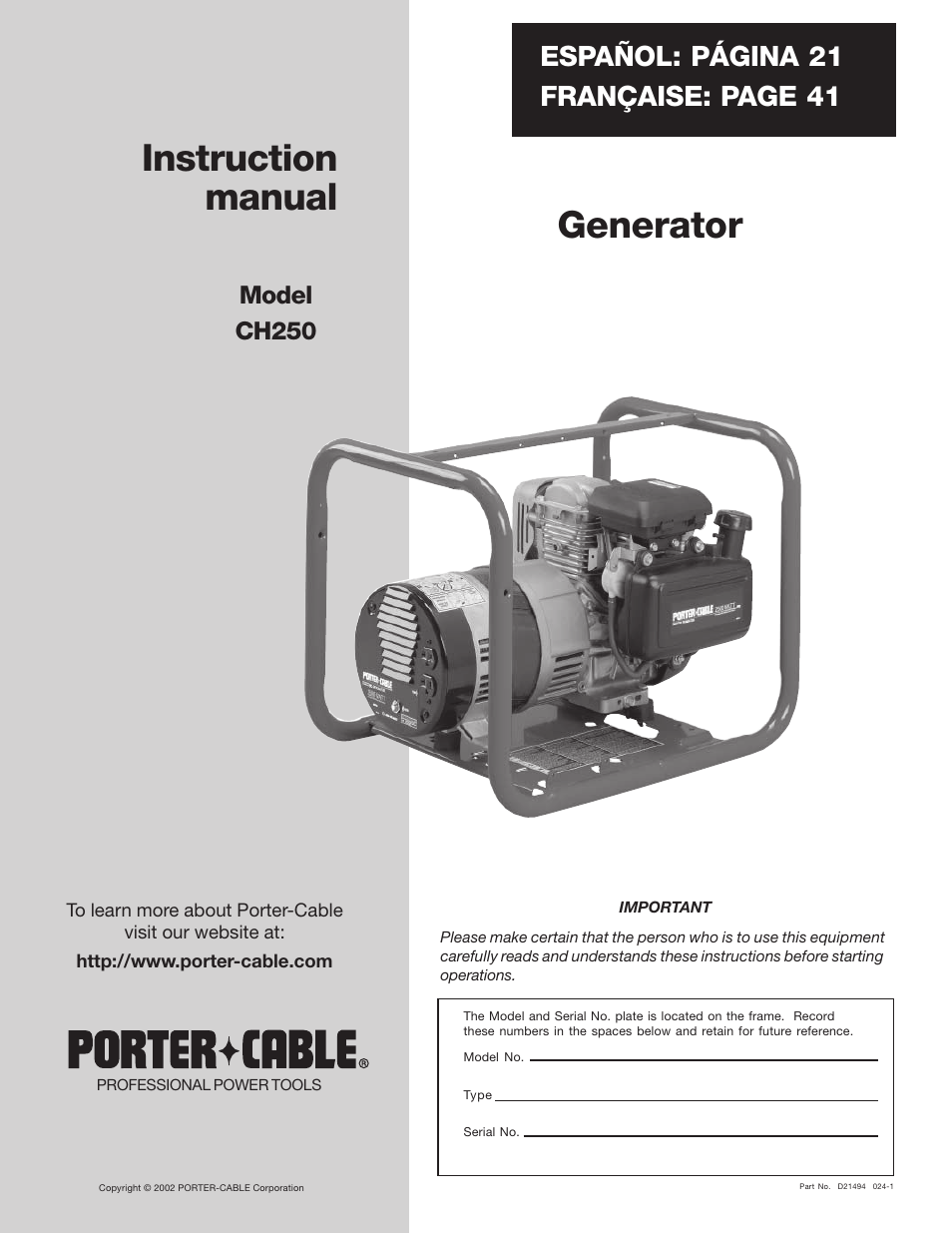 Porter-Cable CH250 User Manual | 20 pages