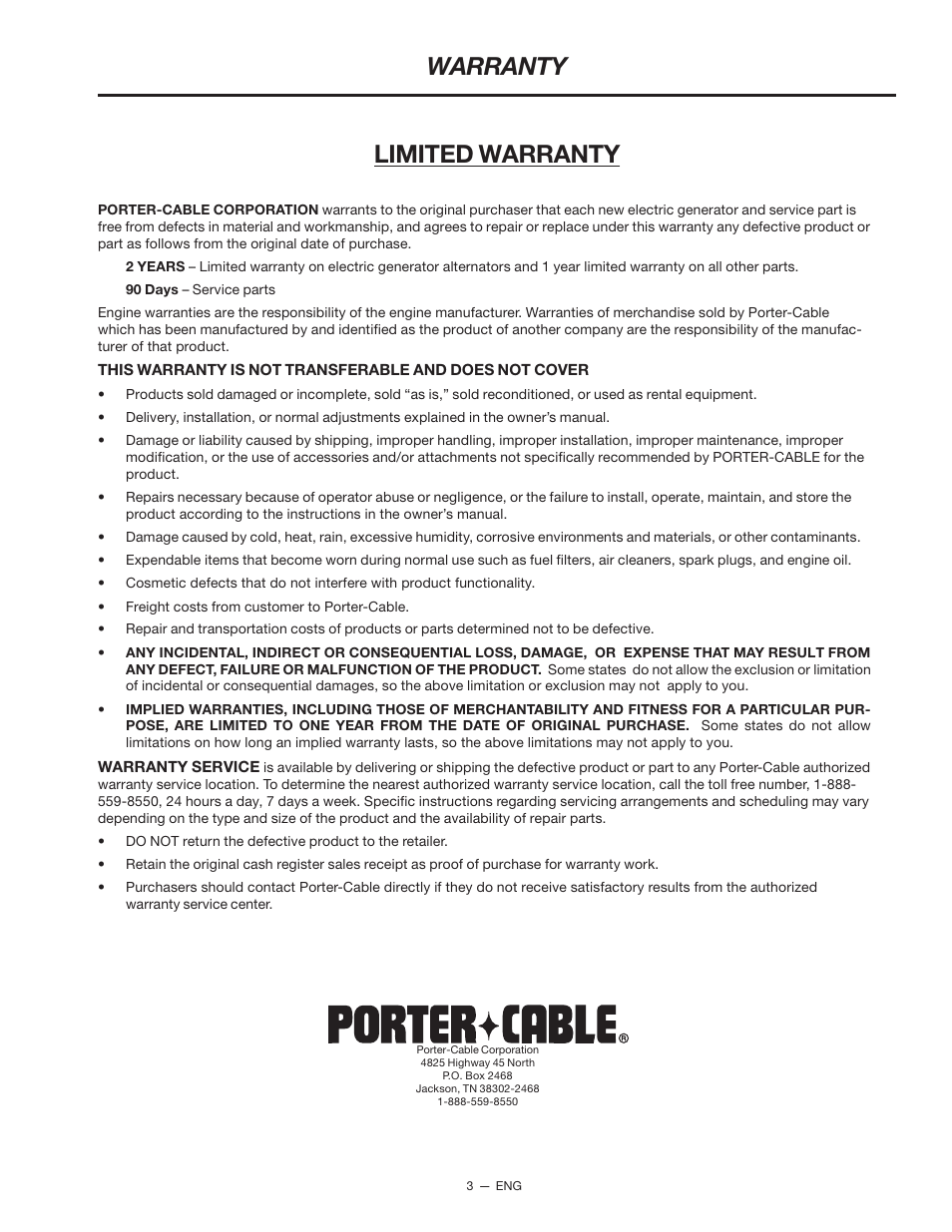 Warranty, Limited warranty | Porter-Cable CH250 User Manual | Page 3 / 20