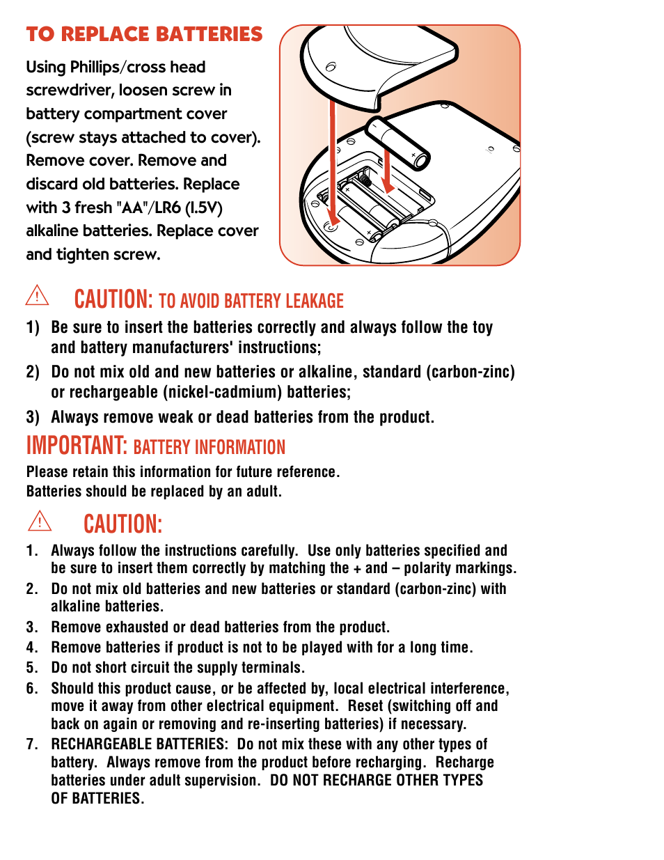 Caution, Important, Battery information | Playskool PALM LEARNER 5507 User Manual | Page 3 / 4