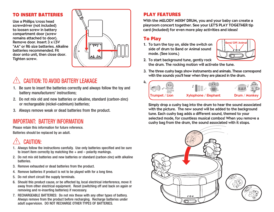 Caution: to avoid battery leakage, Important: battery information, Caution | Playskool 8979 User Manual | Page 2 / 2