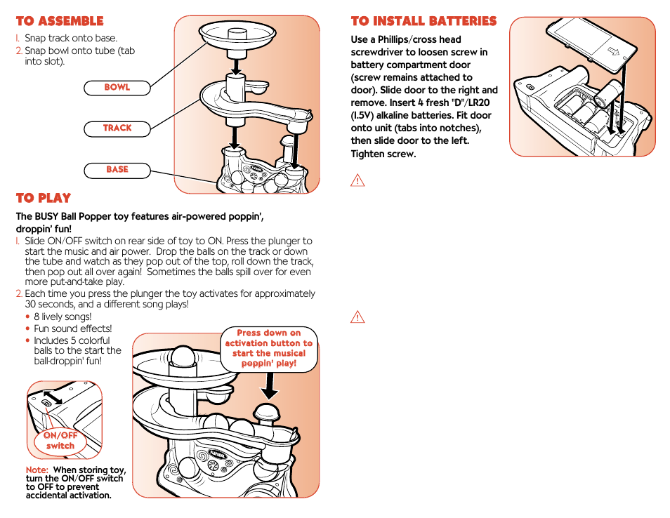 Caution, Important, Tto o a as ss se em mb bl le e | Tto o p pl la ay y | Playskool Busy Ball Popper 06104 User Manual | Page 2 / 2