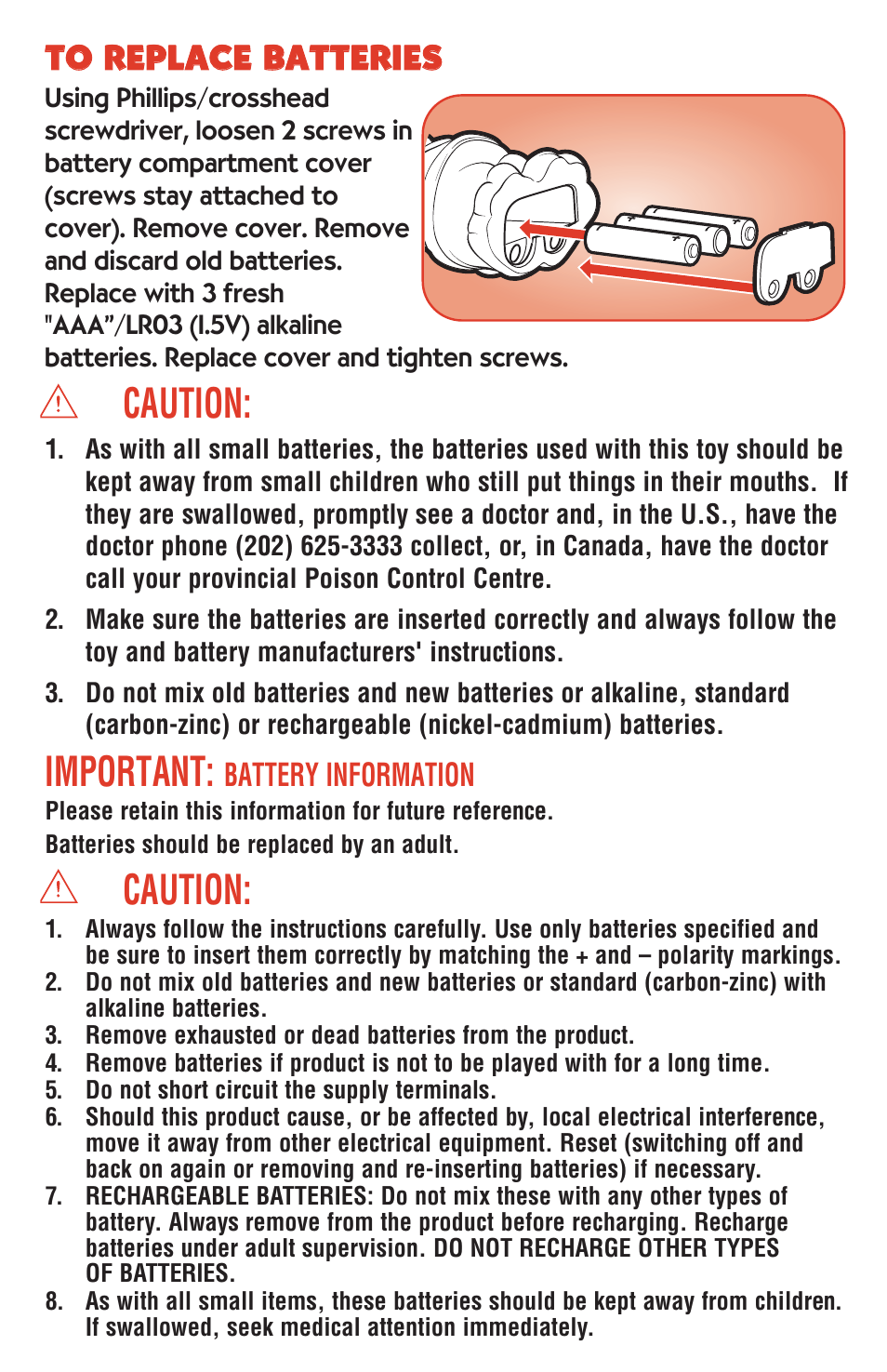 Caution, Important | Playskool Li'l Glofriends 06564 User Manual | Page 3 / 4