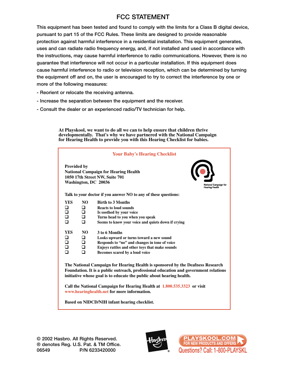 Questions? call: 1-800-playskl, Fcc statement | Playskool Crawl n' Flutter Bee 06549 User Manual | Page 4 / 4