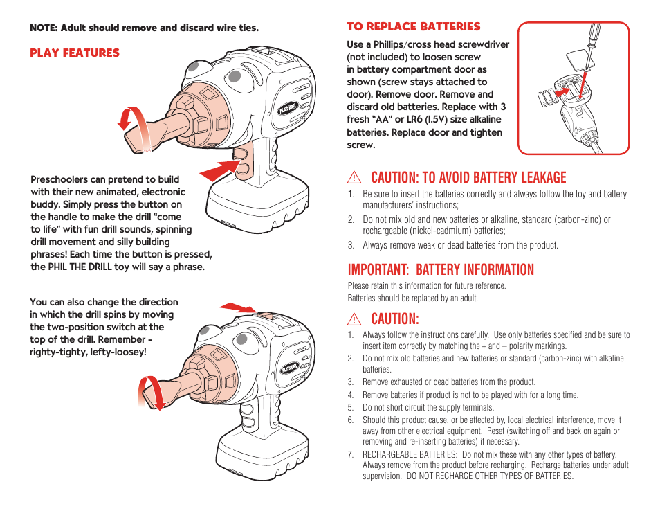 Caution: to avoid battery leakage, Important: battery information, Caution | Playskool 08134/08132 User Manual | Page 2 / 2