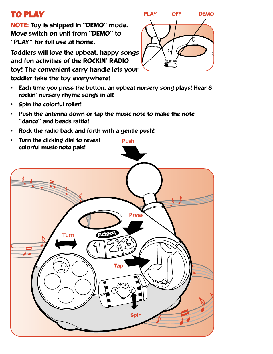 Tto o p pl la ay y | Playskool Rockin' Radio 6095 User Manual | Page 2 / 4