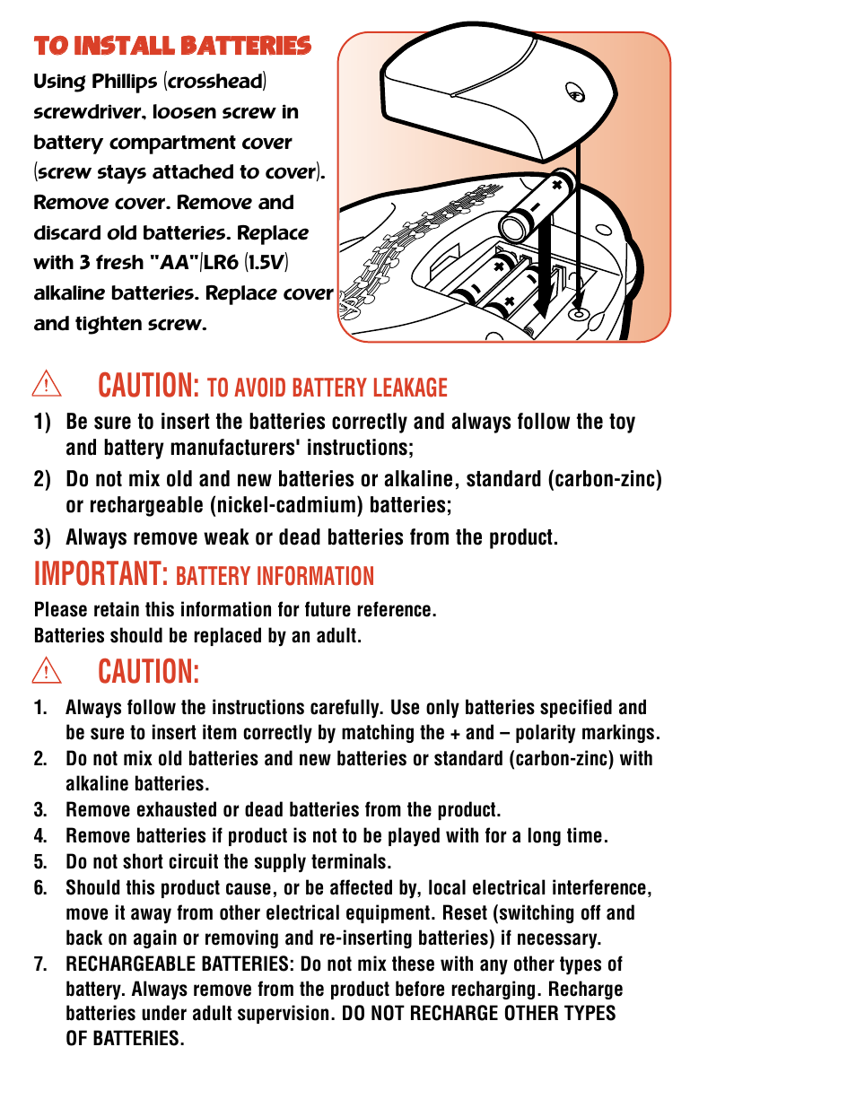 Caution, Important | Playskool Rockin' Radio 6095 User Manual | Page 3 / 4