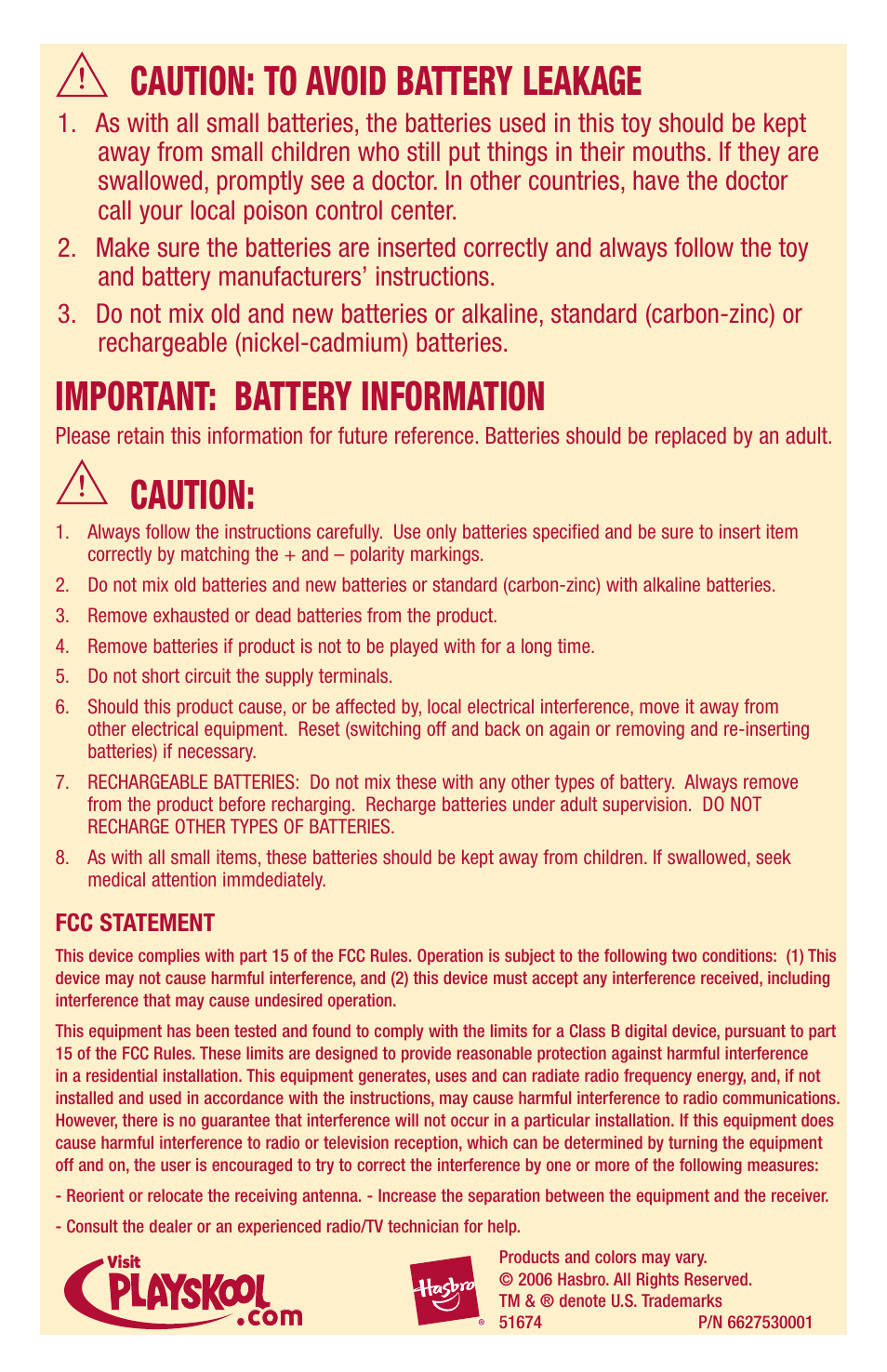 Caution: to avoid battery leakage, Important: battery information, Caution | Playskool 51674 User Manual | Page 2 / 2