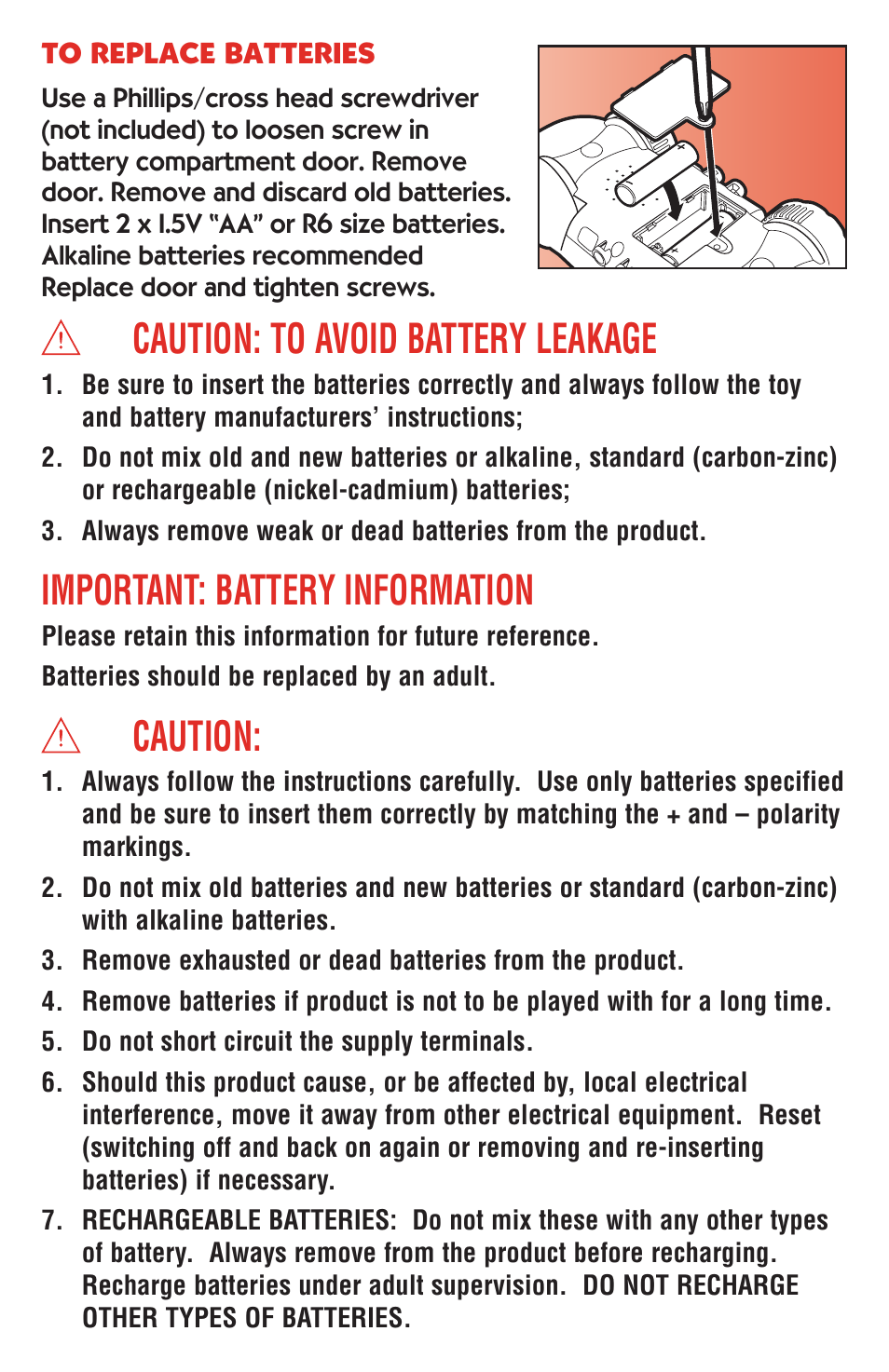 Caution: to avoid battery leakage, Important: battery information, Caution | Playskool Weebles 6350080000 User Manual | Page 3 / 4