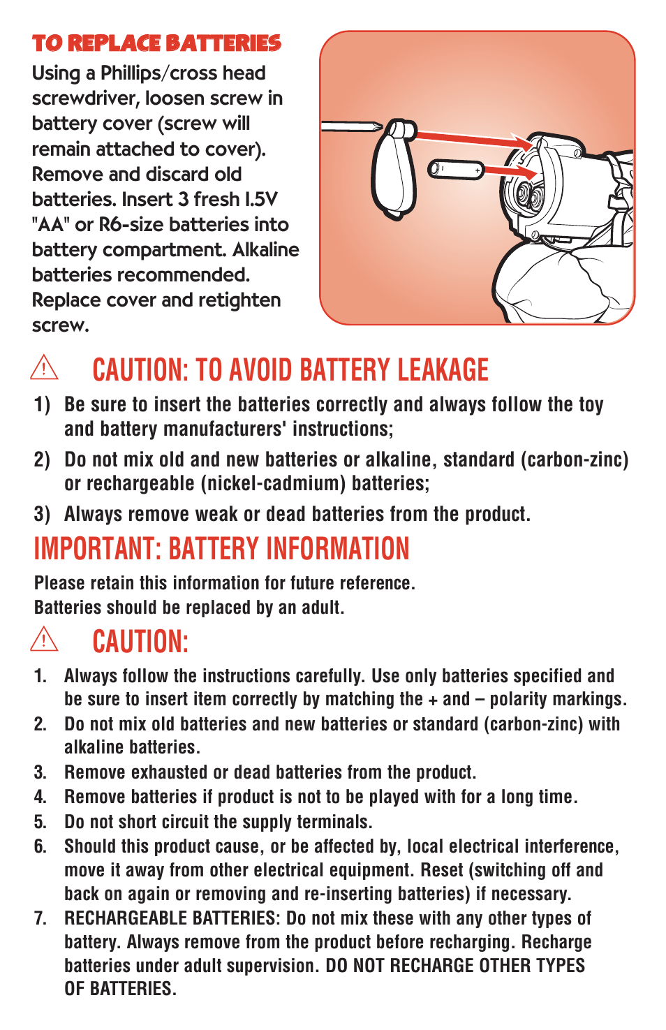 Caution: to avoid battery leakage, Important: battery information, Caution | Playskool Bedtime Wishes Gloworm 23393 User Manual | Page 3 / 4