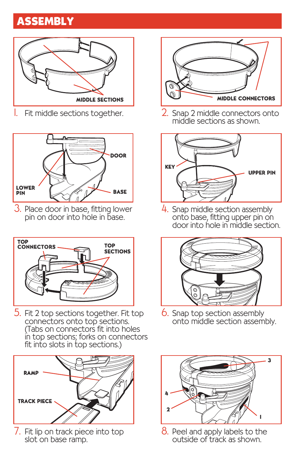 Assembly, Fit lip on track piece into top slot on base ramp | Playskool Speedstars Vortex Speedway 06712 User Manual | Page 2 / 4