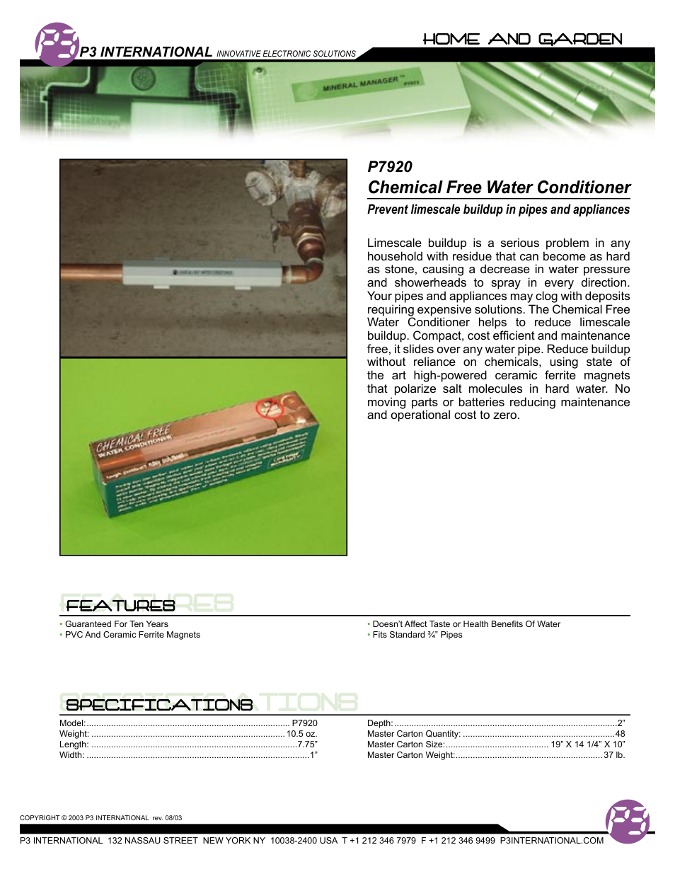 P3 International Chemical Free Water Conditioner P7920 User Manual | 1 page