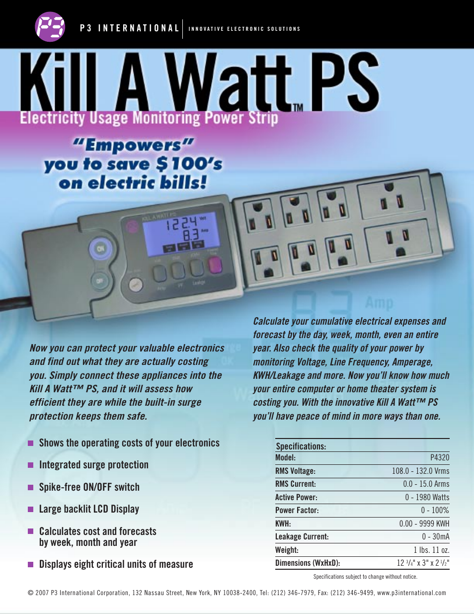 P3 International Electricity Usage Monitoring Power Strip User Manual | 1 page