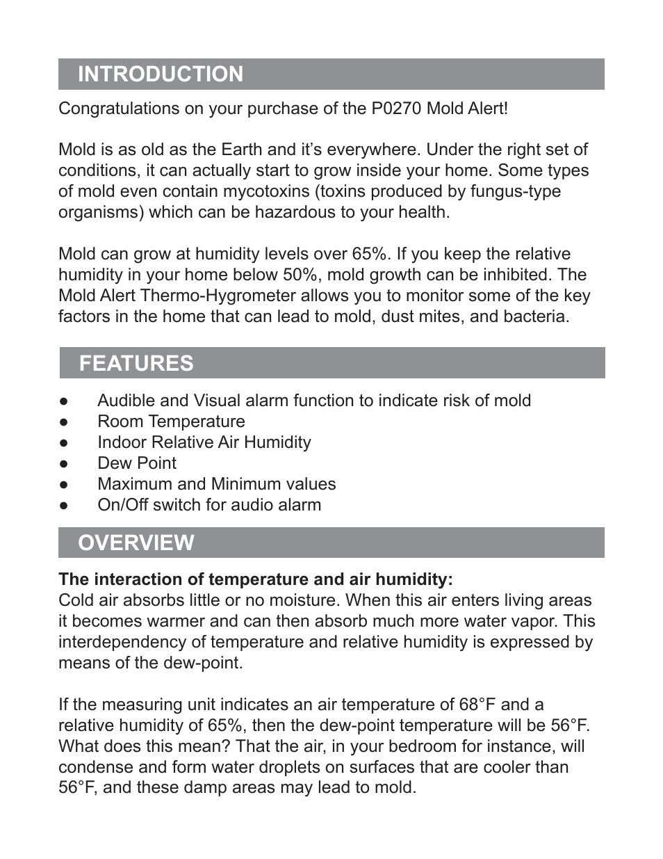 Introduction features, Overview | P3 International Mold Alert P0270 User Manual | Page 2 / 8