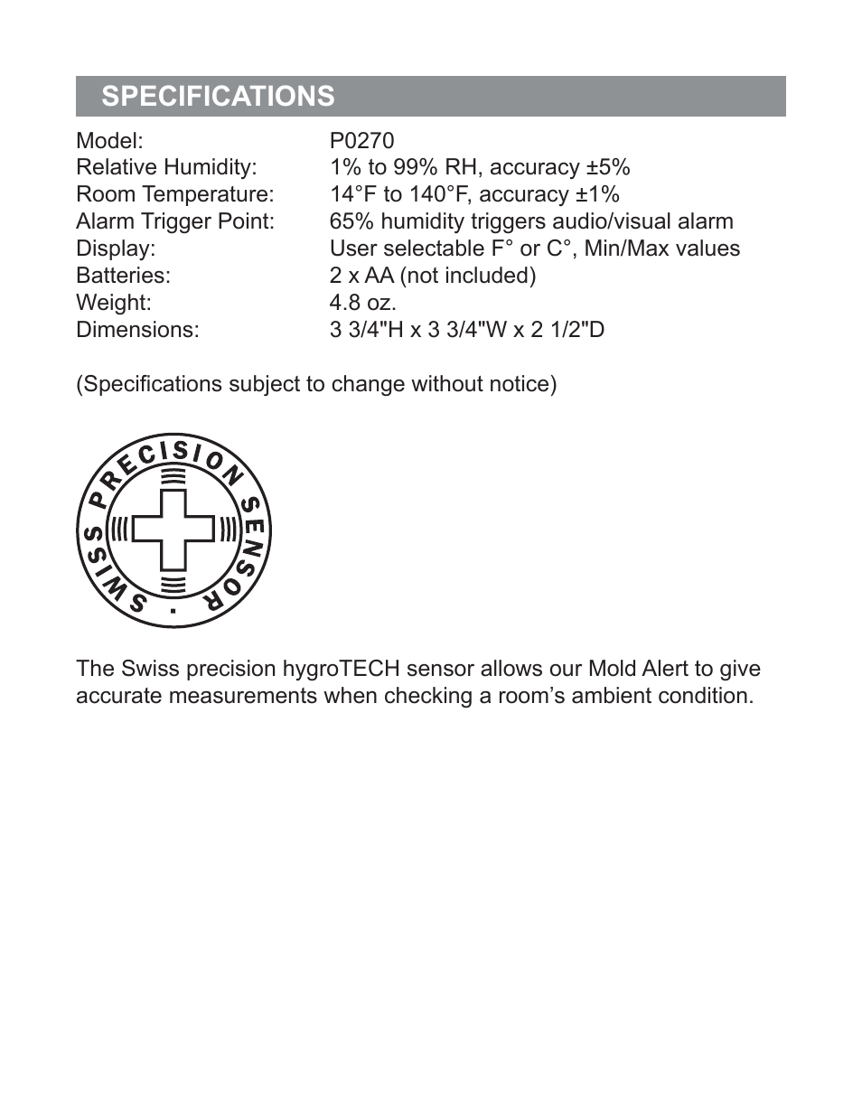 Specifications | P3 International Mold Alert P0270 User Manual | Page 6 / 8