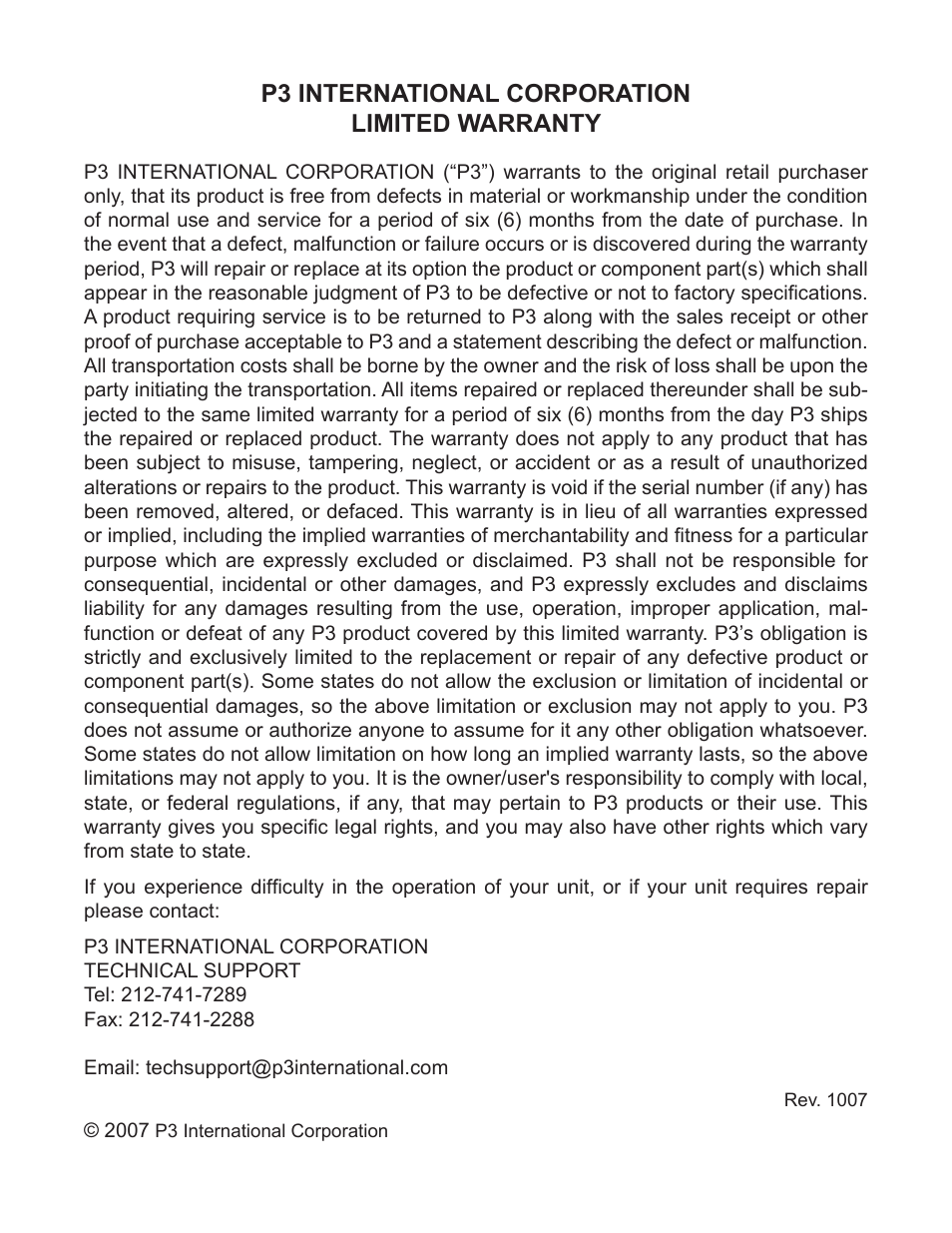 P3 international corporation limited warranty | P3 International Mold Alert P0270 User Manual | Page 8 / 8