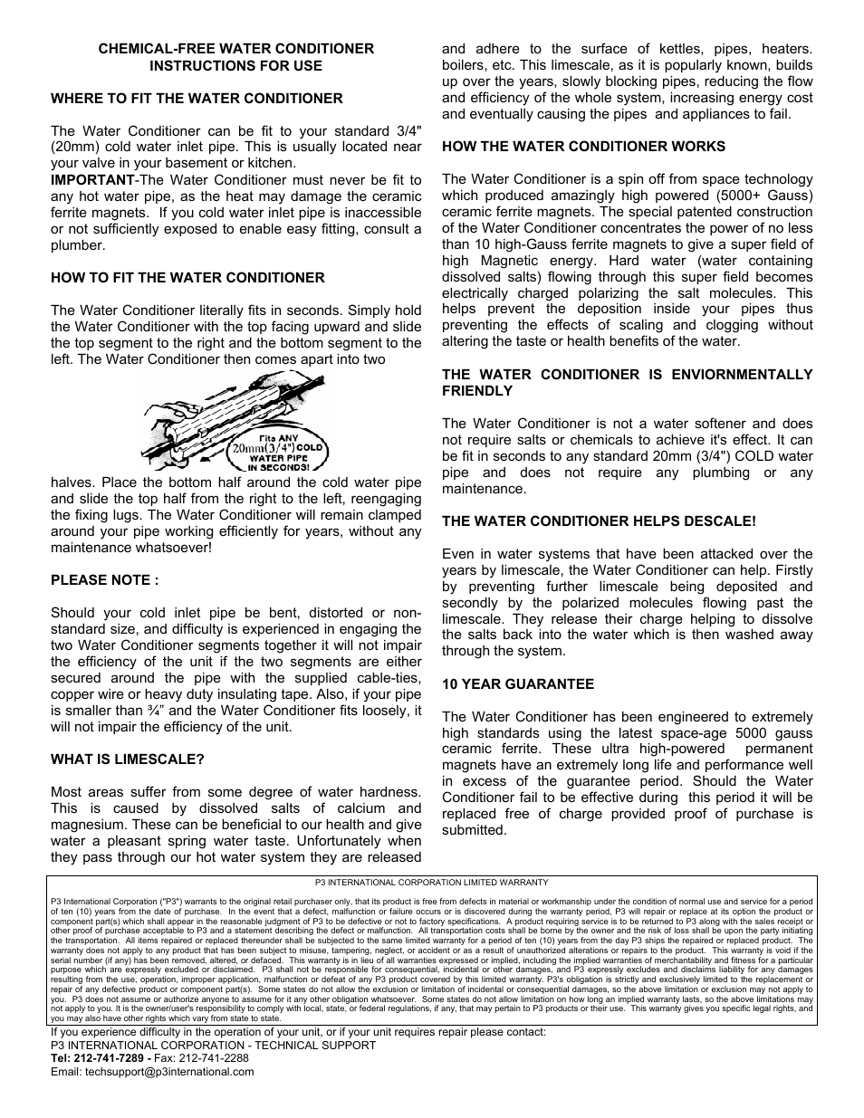 P3 International Chemical-Free Water Conditioner NONE User Manual | 1 page