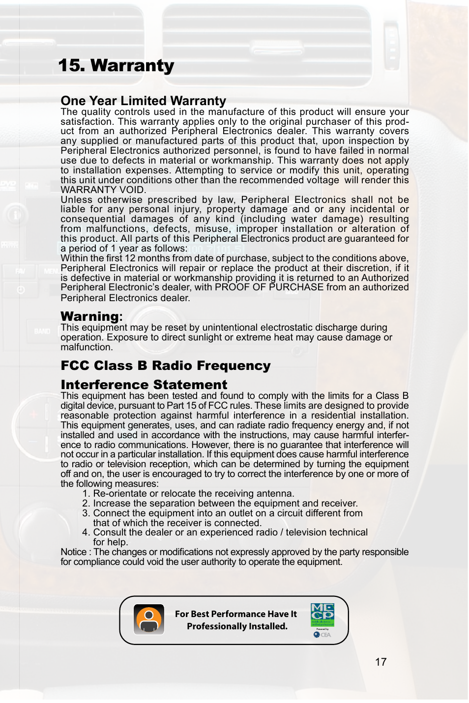 Troubleshooting, Warranty, One year limited warranty | Warning, Fcc class b radio frequency interference statement | Peripheral Electronics PGHGM1 User Manual | Page 19 / 20