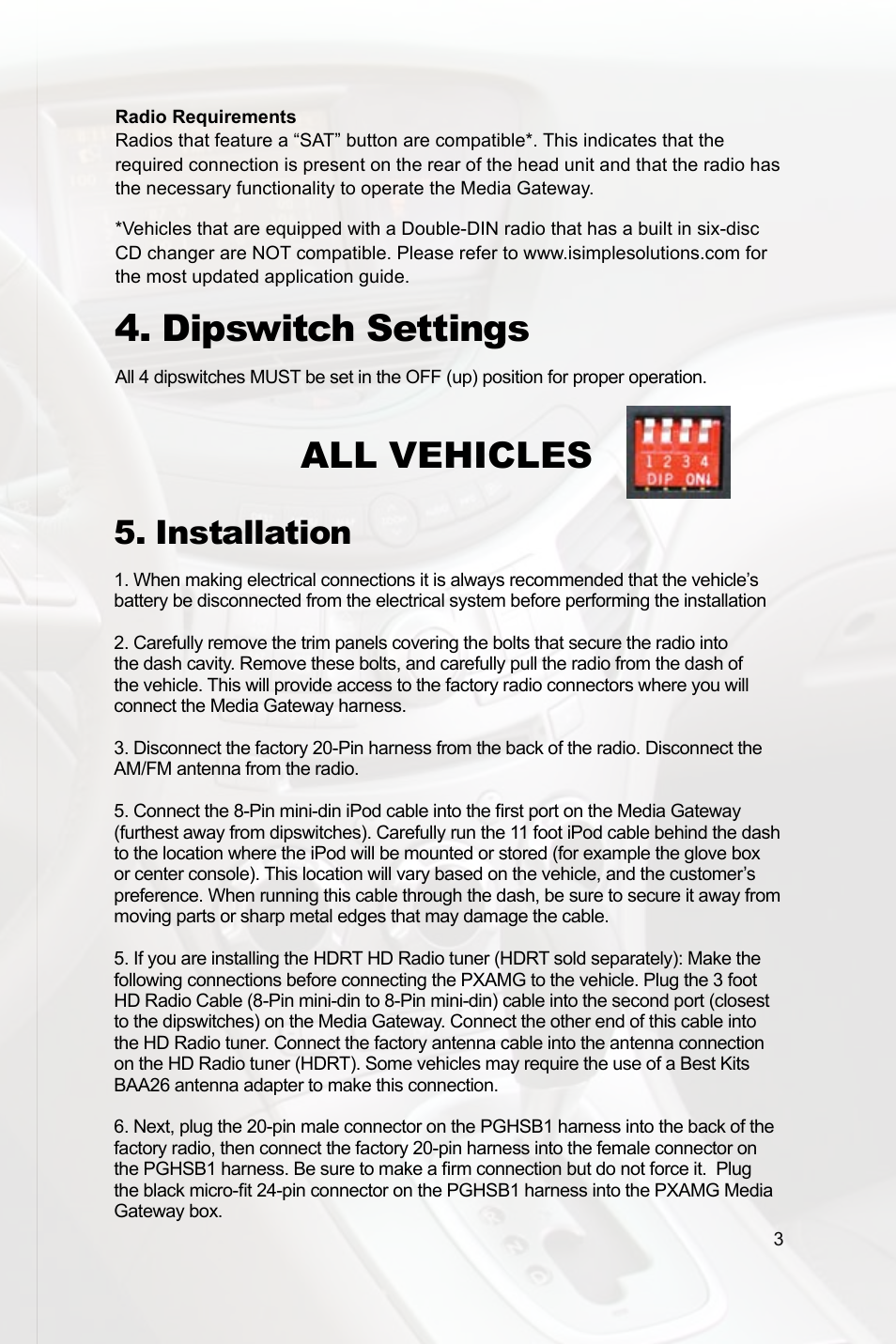 Dipswitch settings, All vehicles, Installation | Peripheral Electronics IPOD PGHSB1 User Manual | Page 5 / 14