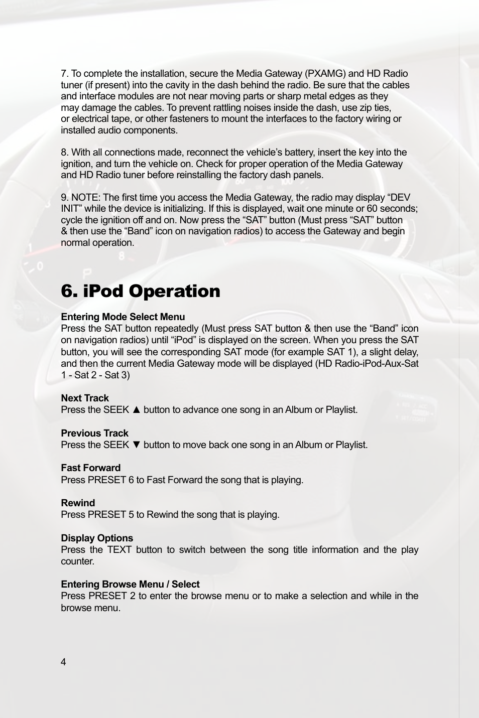 Ipod operation | Peripheral Electronics IPOD PGHSB1 User Manual | Page 6 / 14