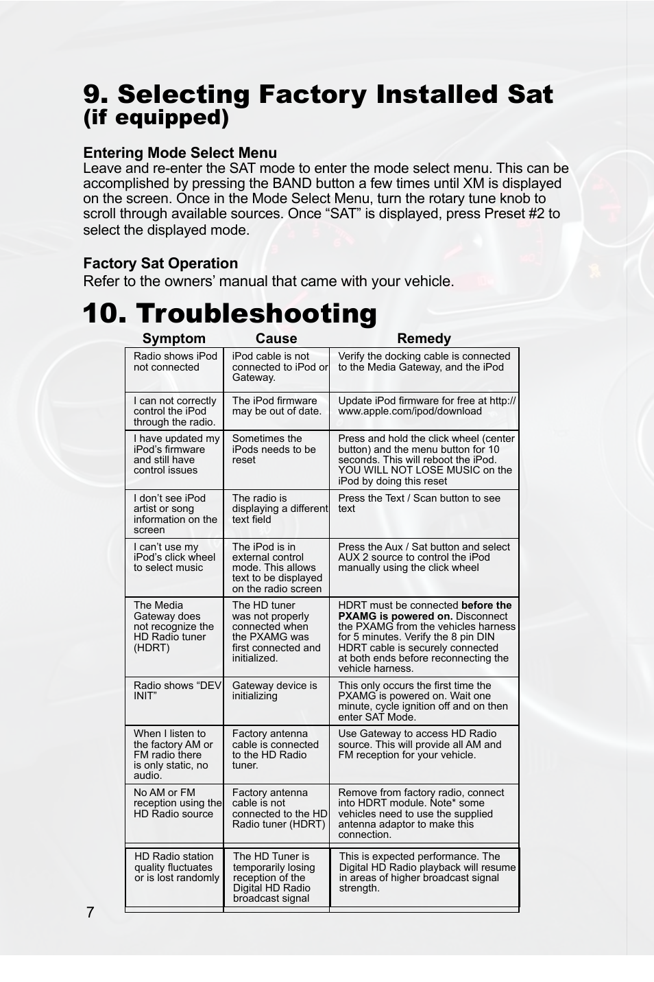 Troubleshooting, Selecting factory installed sat, If equipped) | Entering mode select menu, Symptom cause remedy | Peripheral Electronics SIMPLE PGHGM3 User Manual | Page 10 / 12