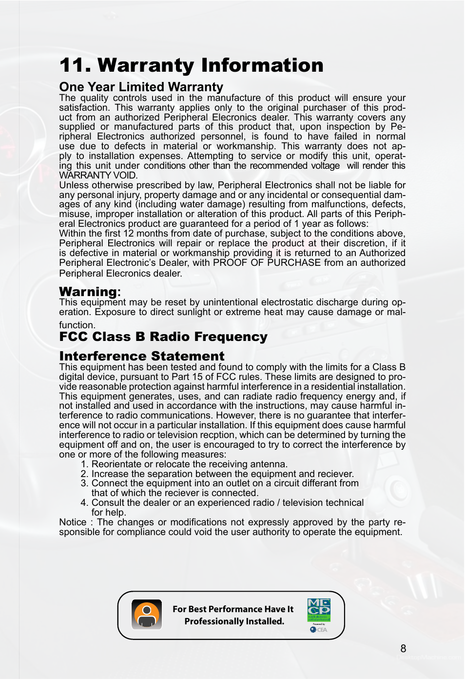 Warranty information, One year limited warranty, Warning | Fcc class b radio frequency interference statement | Peripheral Electronics SIMPLE PGHGM3 User Manual | Page 11 / 12