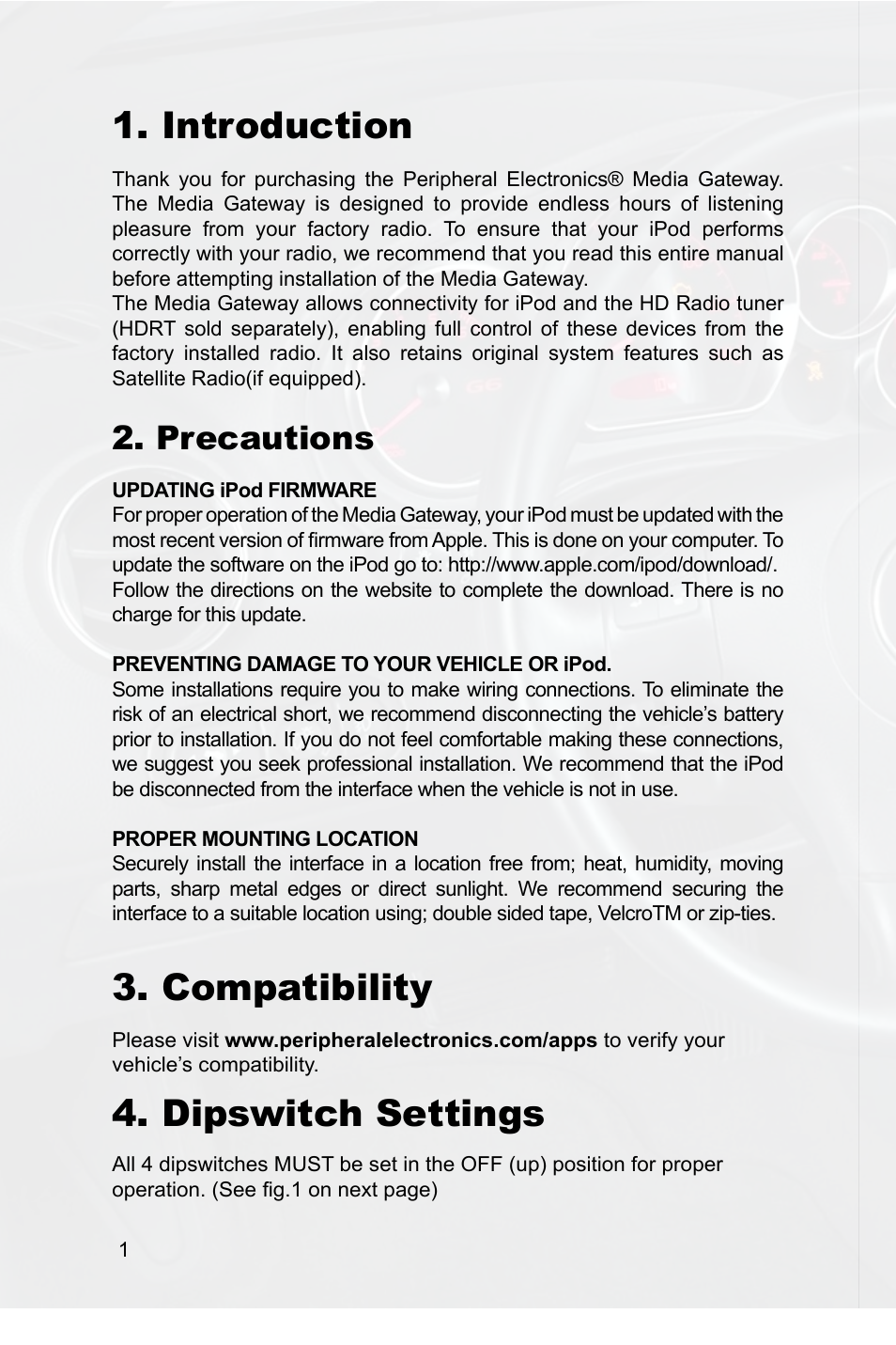 Introduction, Compatibility, Dipswitch settings | Precautions | Peripheral Electronics SIMPLE PGHGM3 User Manual | Page 4 / 12