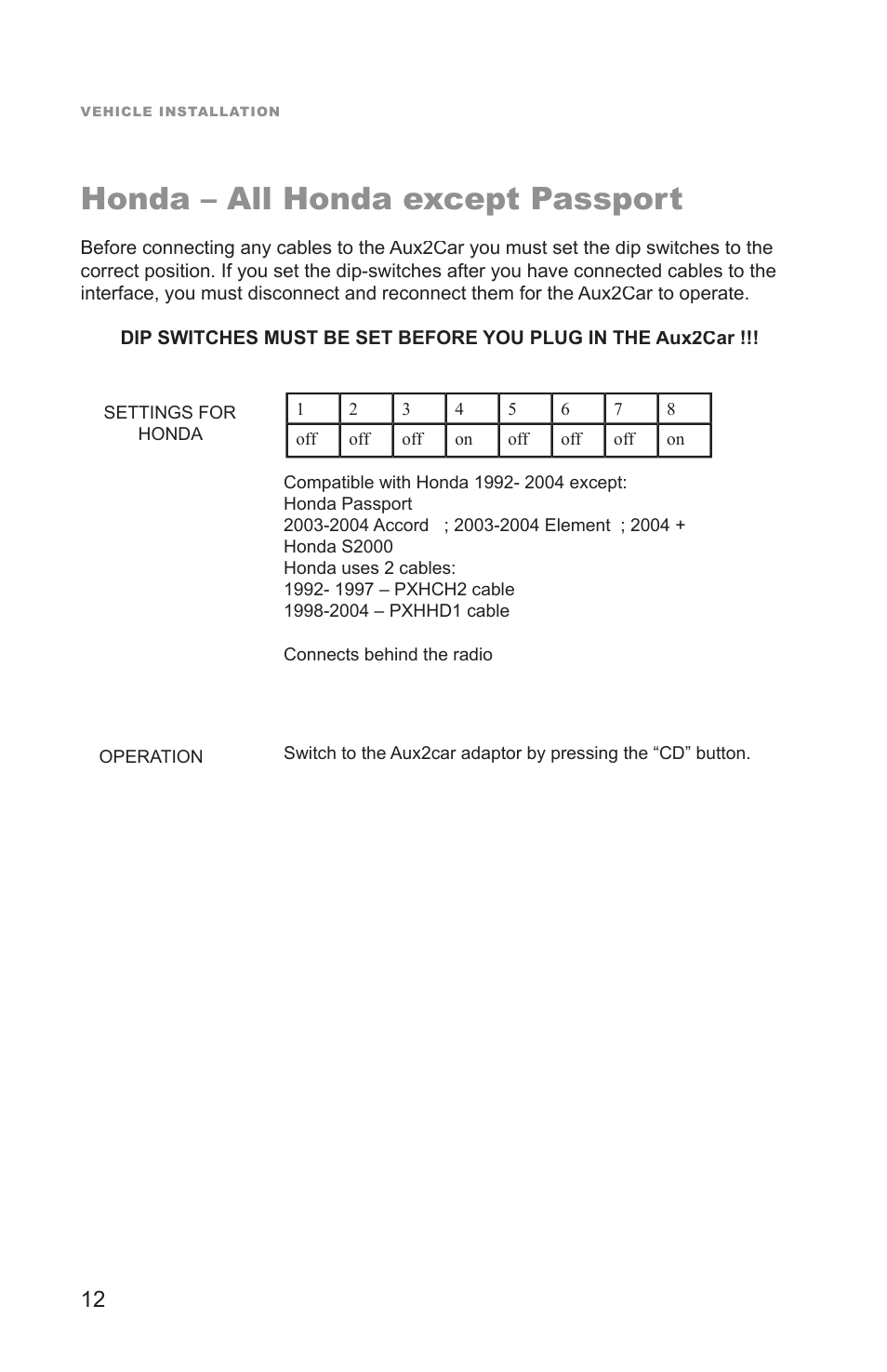 Honda – all honda except passport | Peripheral Electronics Aux2Car User Manual | Page 14 / 24