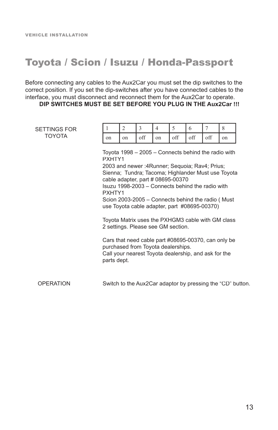 Toyota / scion / isuzu / honda-passport | Peripheral Electronics Aux2Car User Manual | Page 15 / 24