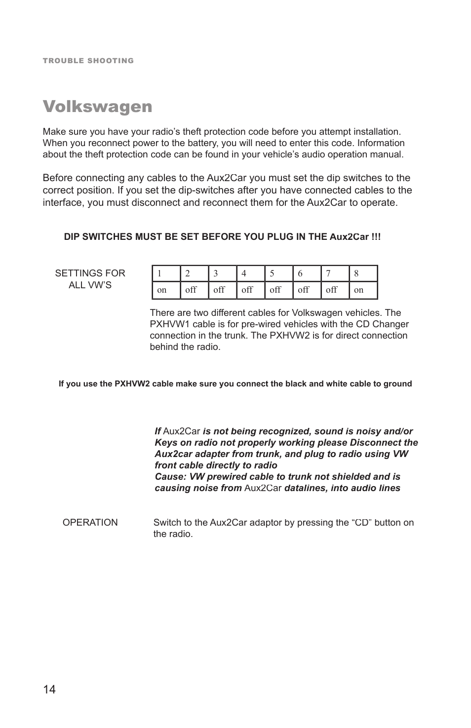 Volkswagen | Peripheral Electronics Aux2Car User Manual | Page 16 / 24