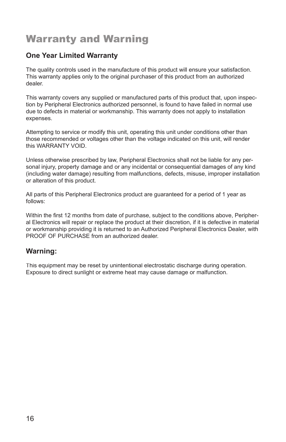 Warranty and warning, One year limited warranty, Warning | Peripheral Electronics Aux2Car User Manual | Page 18 / 24