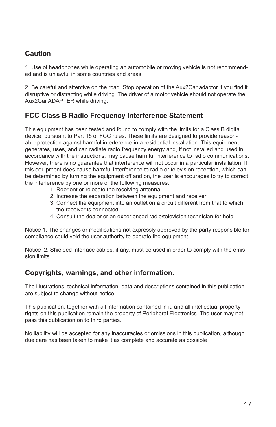 Caution, Fcc class b radio frequency interference statement, Copyrights, warnings, and other information | Peripheral Electronics Aux2Car User Manual | Page 19 / 24