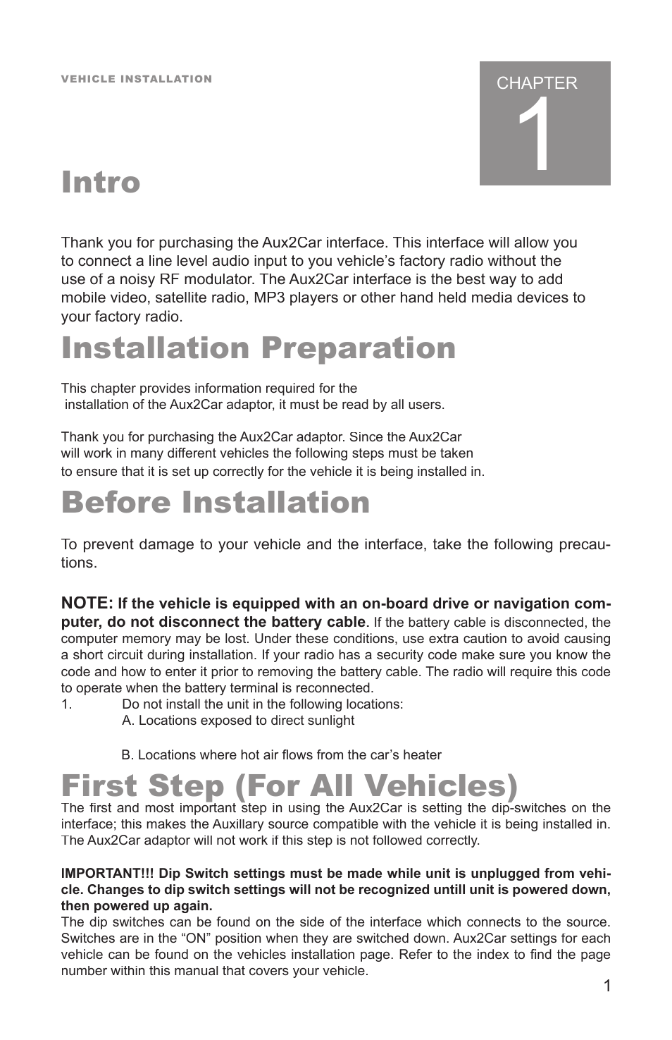 Intro, Installation preparation, Before installation | First step (for all vehicles) | Peripheral Electronics Aux2Car User Manual | Page 3 / 24