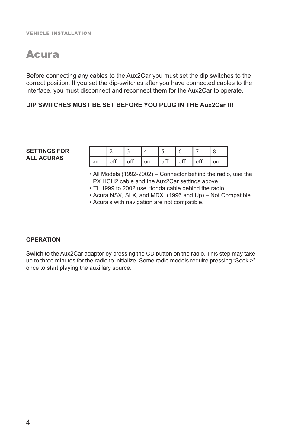 Acura | Peripheral Electronics Aux2Car User Manual | Page 6 / 24