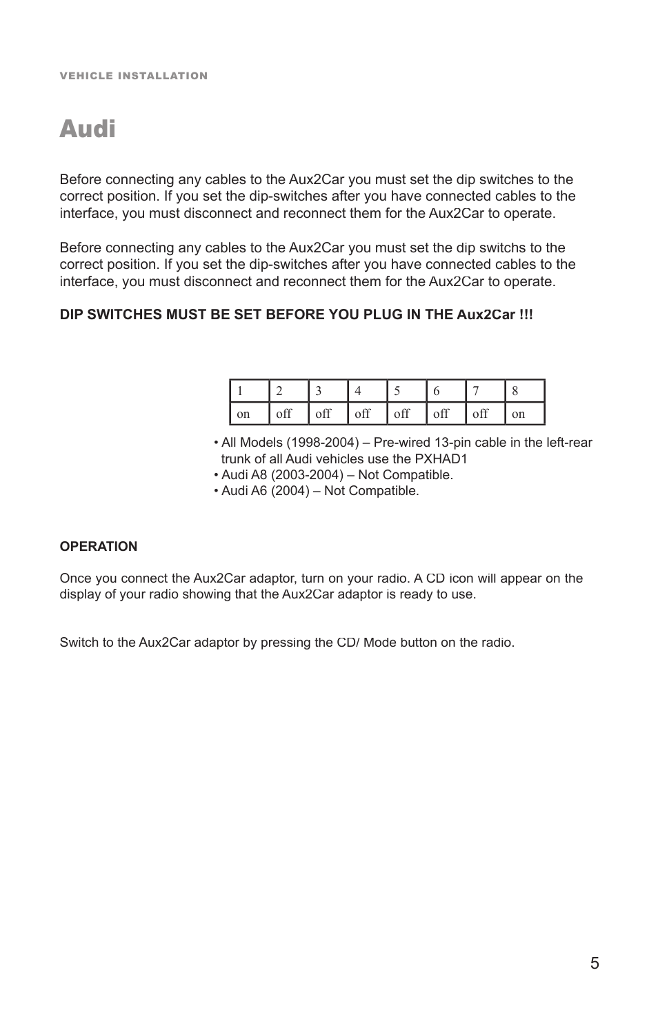 Audi | Peripheral Electronics Aux2Car User Manual | Page 7 / 24