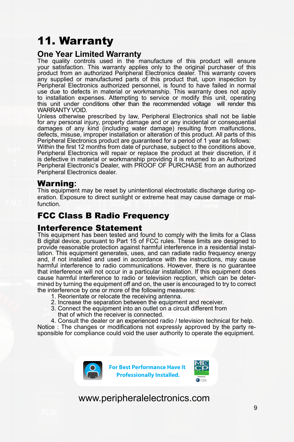 Warranty, One year limited warranty, Warning | Fcc class b radio frequency interference statement | Peripheral Electronics PGHTY1 User Manual | Page 11 / 14