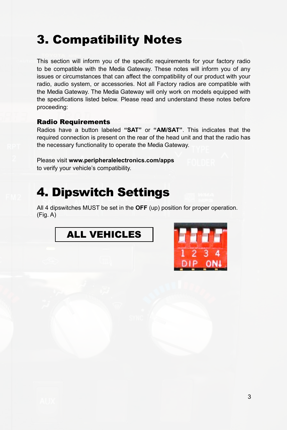 Dipswitch settings, All vehicles | Peripheral Electronics PGHTY1 User Manual | Page 5 / 14