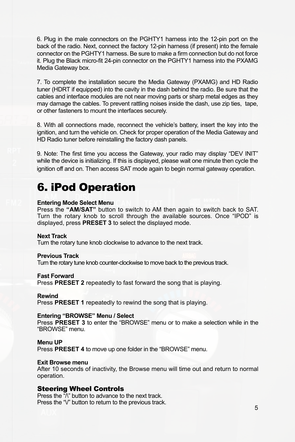 Ipod operation | Peripheral Electronics PGHTY1 User Manual | Page 7 / 14