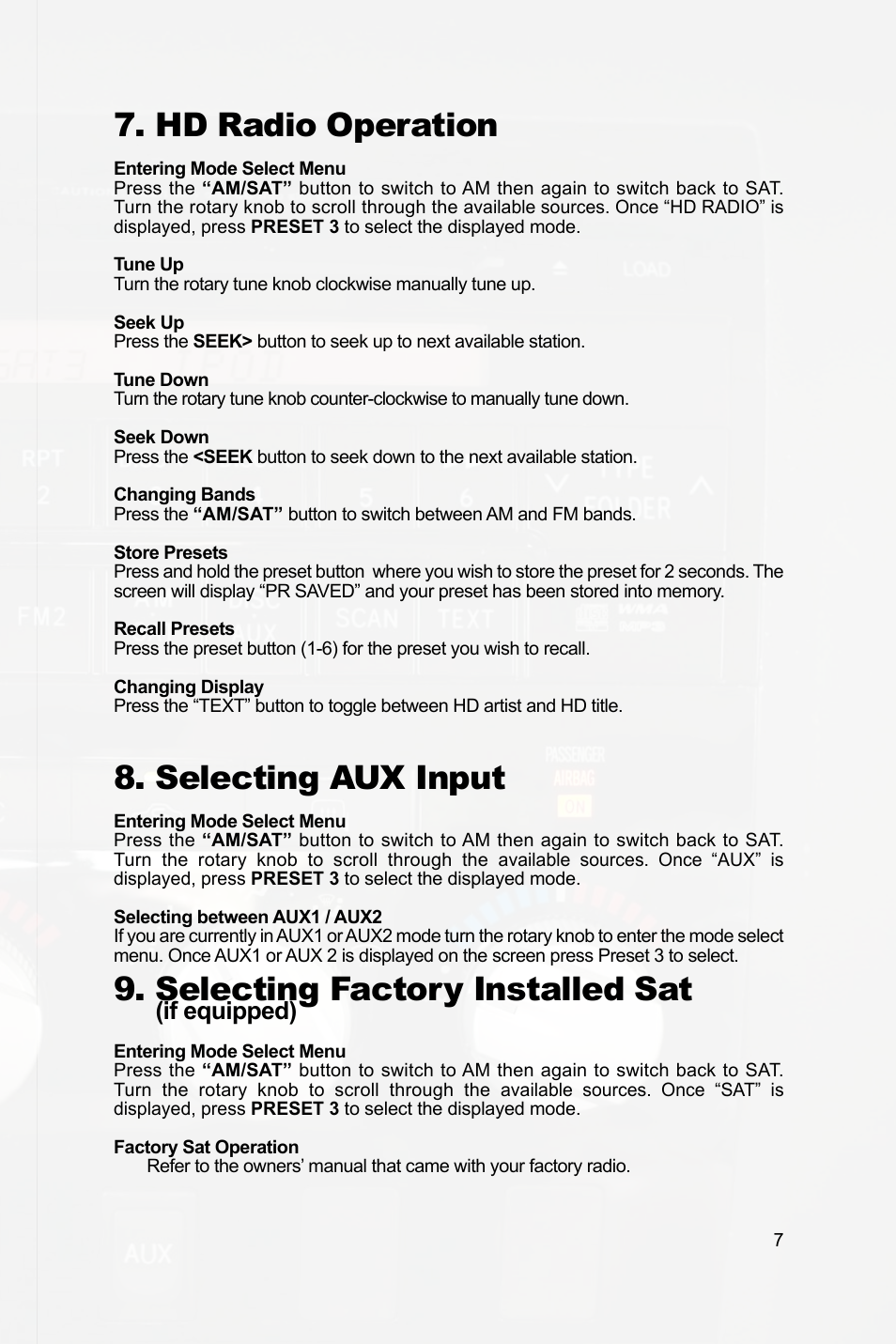 Hd radio operation, Selecting aux input, Selecting factory installed sat | If equipped) | Peripheral Electronics PGHTY1 User Manual | Page 9 / 14