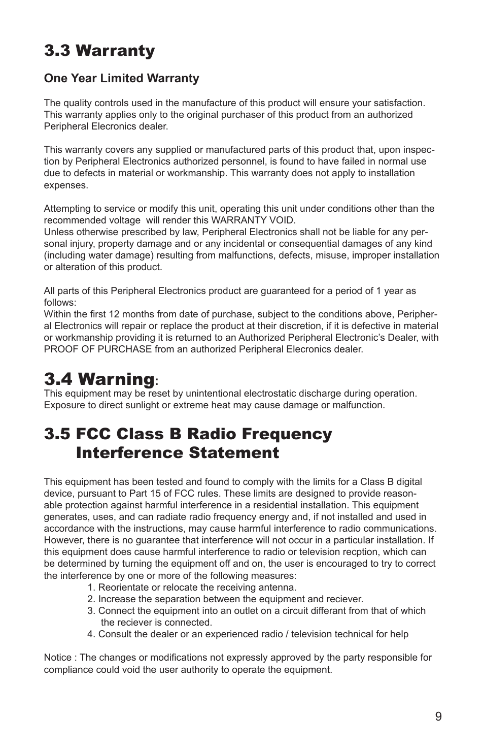 4 warning, 3 warranty, One year limited warranty | Peripheral Electronics MP3 Player Accessories User Manual | Page 11 / 12