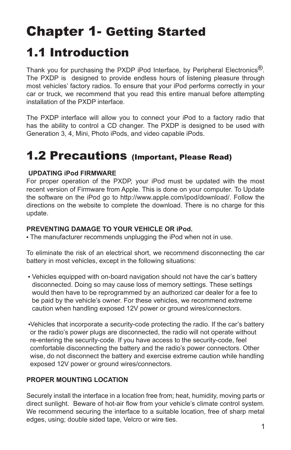 Chapter 1, Getting started 1.1 introduction, 2 precautions | Peripheral Electronics MP3 Player Accessories User Manual | Page 3 / 12