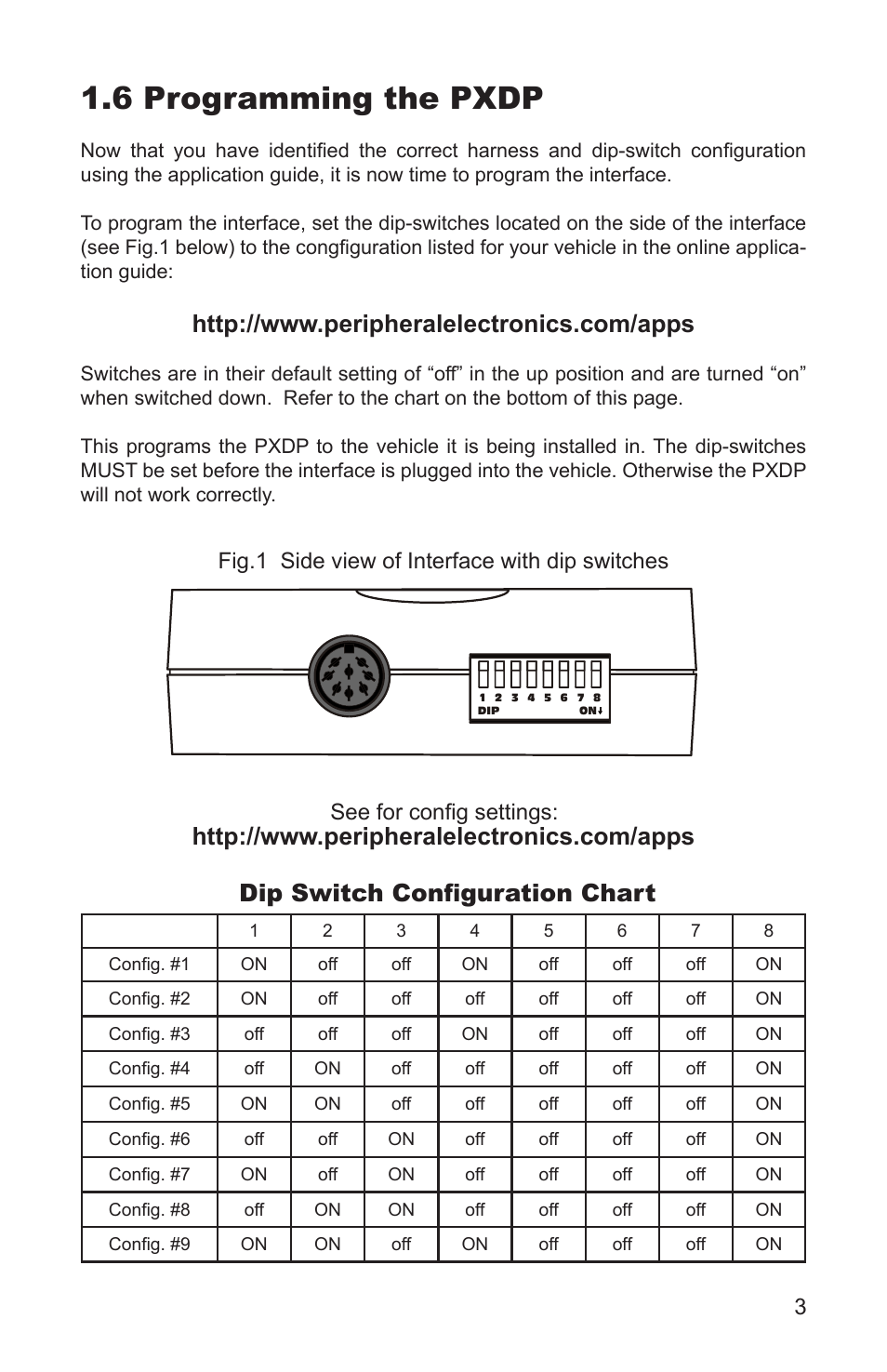 6 programming the pxdp, Dip switch configuration chart, Top view | Fig.1 side view of interface with dip switches, See for config settings | Peripheral Electronics MP3 Player Accessories User Manual | Page 5 / 12