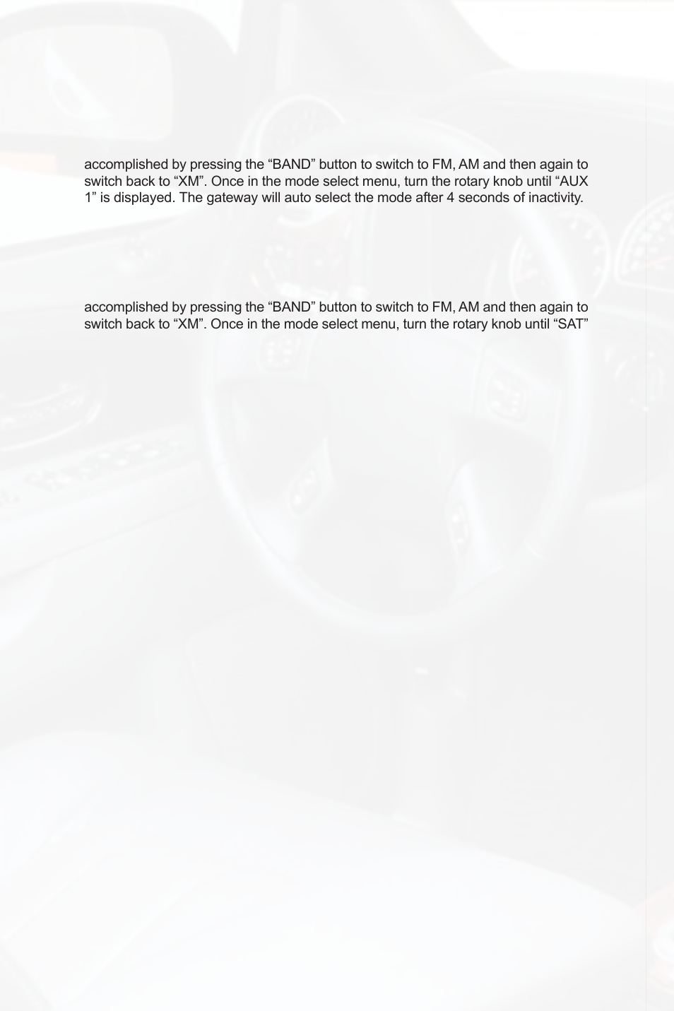 Selecting aux input, Selecting factory installed xm radio | Peripheral Electronics PGHGM5 User Manual | Page 12 / 16