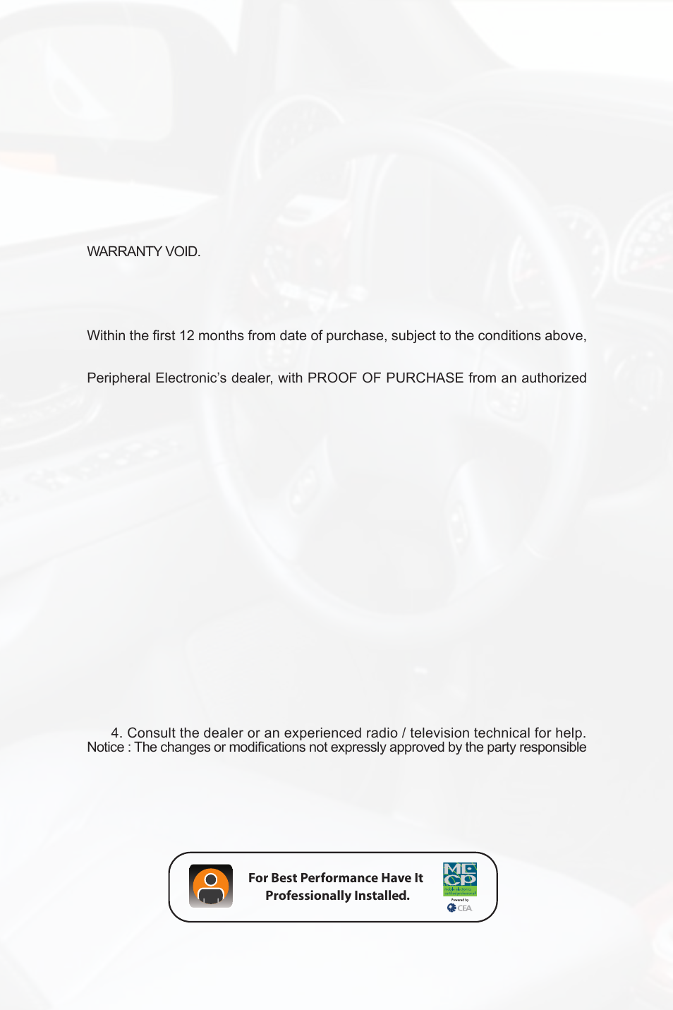 Warranty, One year limited warranty, Warning | Fcc class b radio frequency interference statement | Peripheral Electronics PGHGM5 User Manual | Page 14 / 16