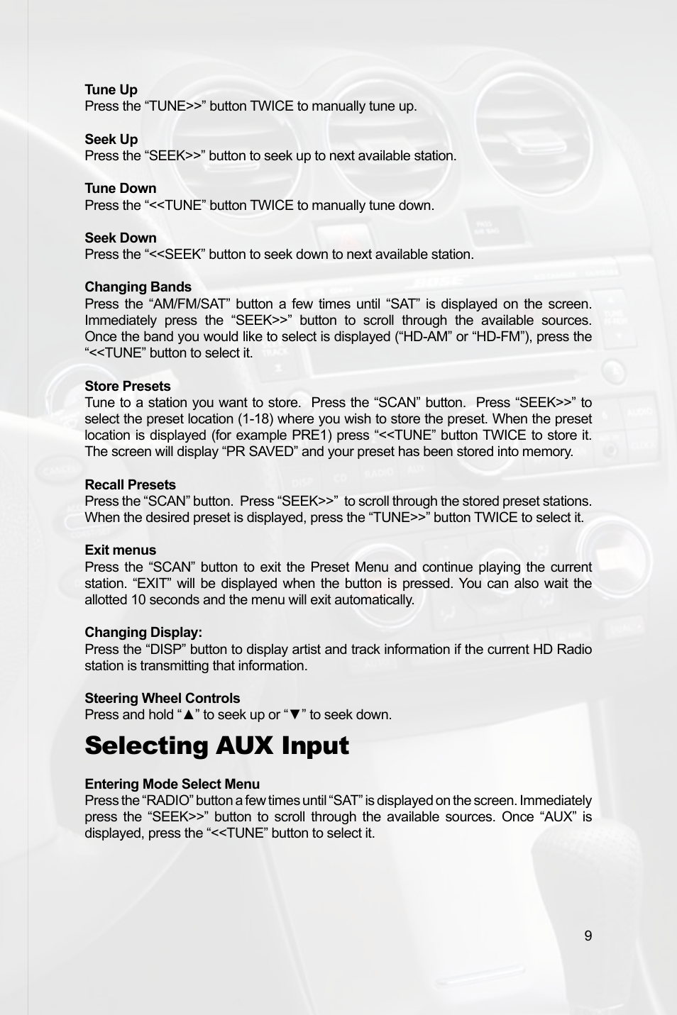 Selecting aux input | Peripheral Electronics MEDIA GATEWAY PXAMG PGHNI2 User Manual | Page 11 / 34